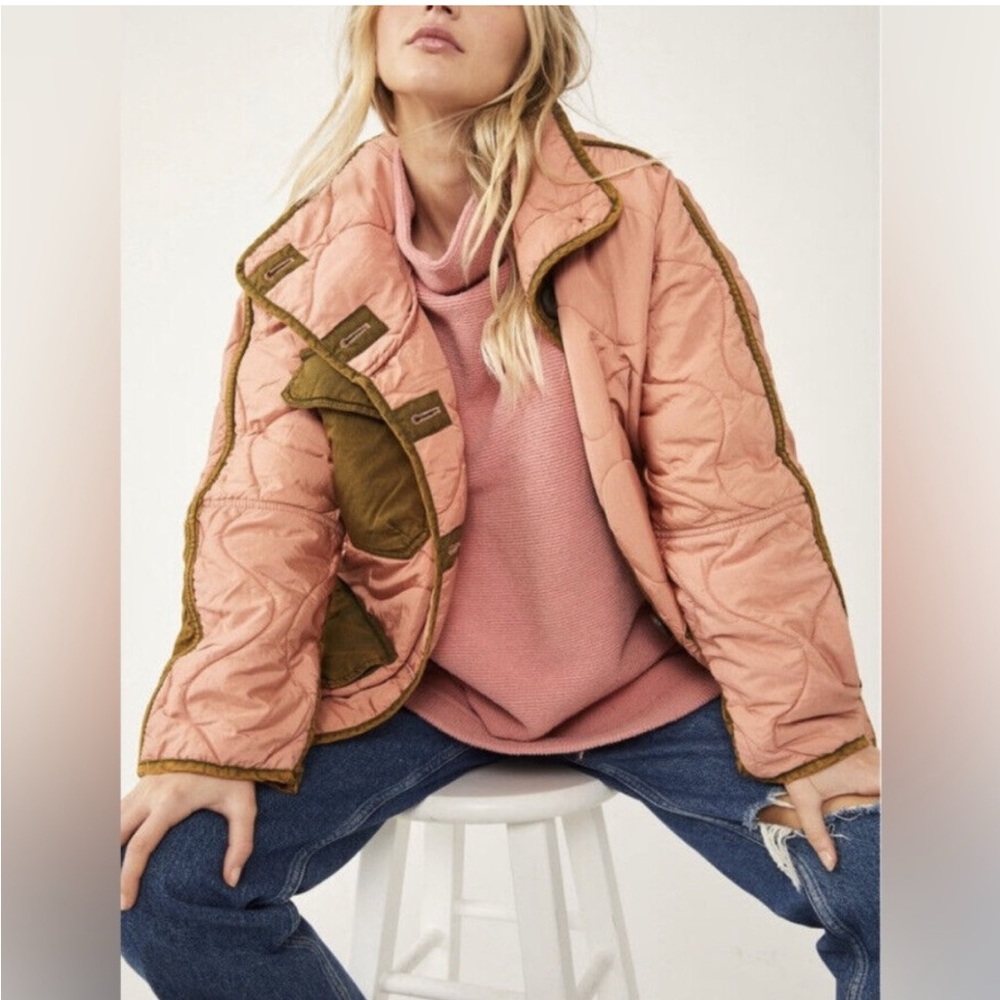 Free People Puffa oversized military Pink and Olive Quilted Puffer Jacket